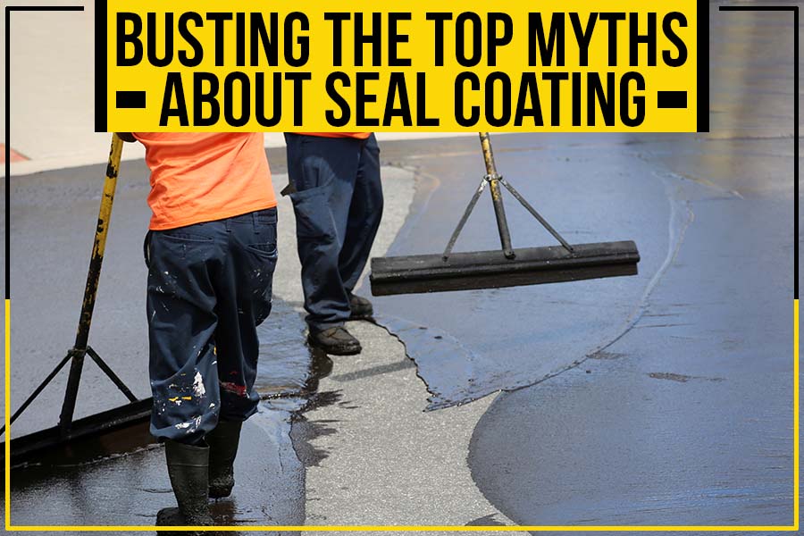 Two workers apply seal coating to an asphalt surface, with text above reading "Busting the Top Myths About Seal Coating in North Carolina.