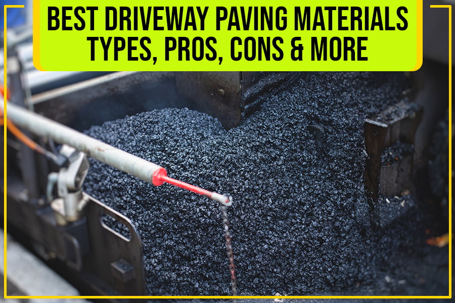 American-Paving-Blog-1 Close-up of paving machine laying asphalt in Charlotte, North Carolina, with text overlay "Best Driveway Paving Materials: Types, Pros, Cons & More.