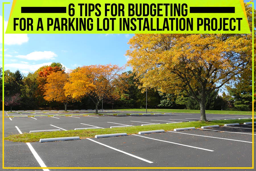 An empty parking lot with autumn trees and text: "6 Tips for Budgeting for a Parking Lot Installation Project in North Carolina".