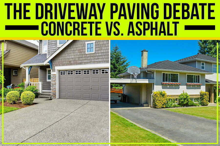 A split image with text "The Driveway Paving Debate: Concrete vs. Asphalt in Charlotte, NC" showing a concrete driveway on the left and asphalt on the right.