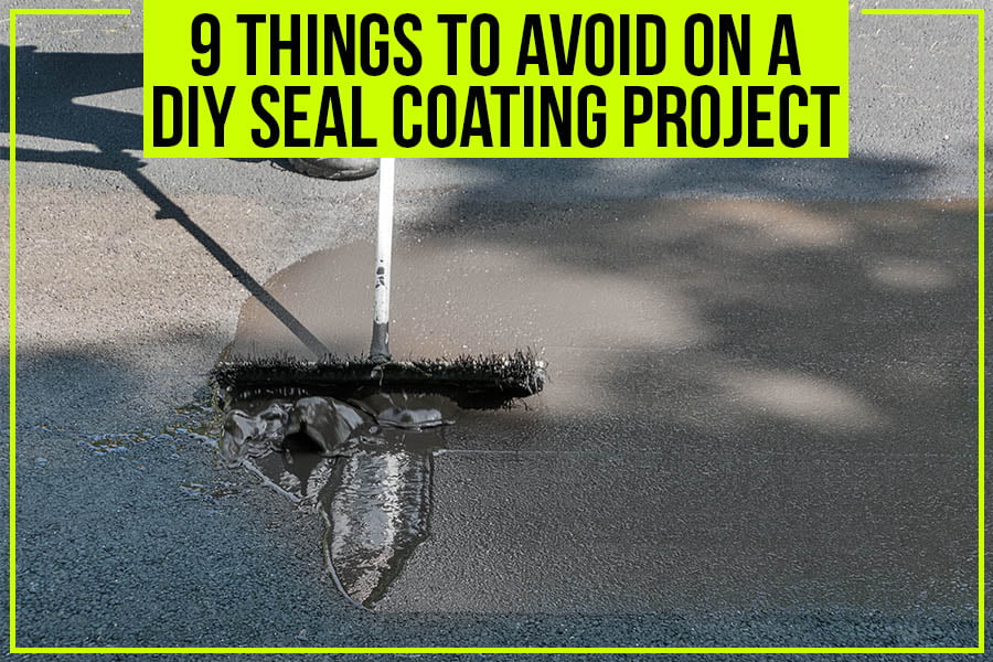 Person applying seal coating to asphalt with a squeegee; text reads, "9 Things to Avoid on a DIY Asphalt Paving Project in Charlotte.