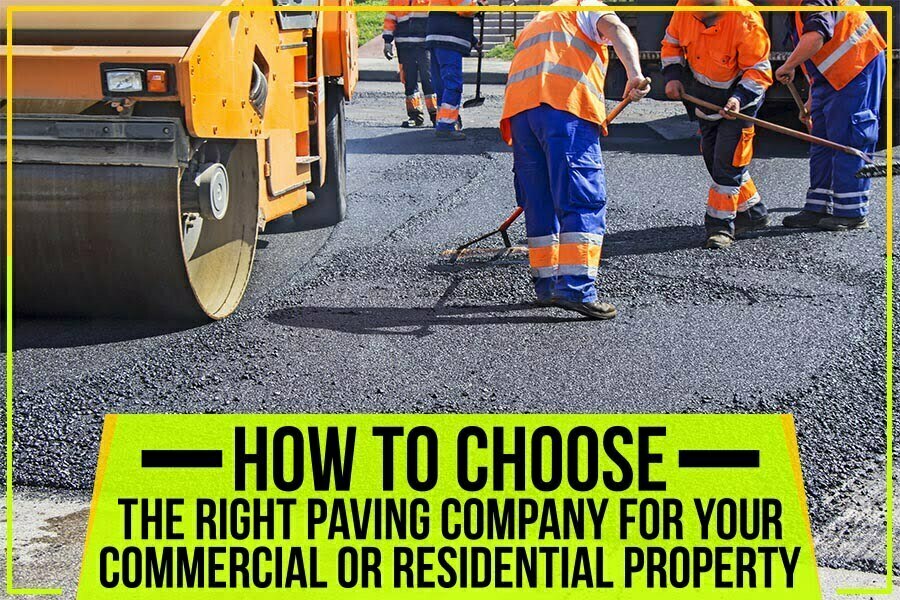 American-Paving-Upload-July-Interval-2 Workers in orange vests paving a road, with text overlay: "How to Choose the Right Paving Company for Your Commercial or Residential Property in Charlotte, North Carolina.