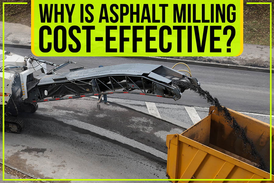 American-Paving-oct-int-2 A road milling machine in NC deposits asphalt into a yellow container with a text overlay: "Why is asphalt milling cost-effective?”.