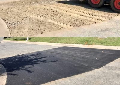 Construction workers in Charlotte, North Carolina, meticulously smoothing dirt before paving, followed by a freshly paved section of road with new asphalt.