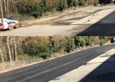 A construction site before and after asphalt paving, displaying machinery and newly laid asphalt with trees in the background.