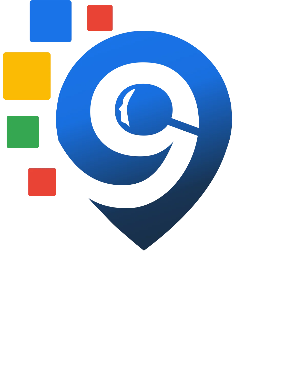 A blue map pin logo with a magnifying glass, surrounded by colorful squares.