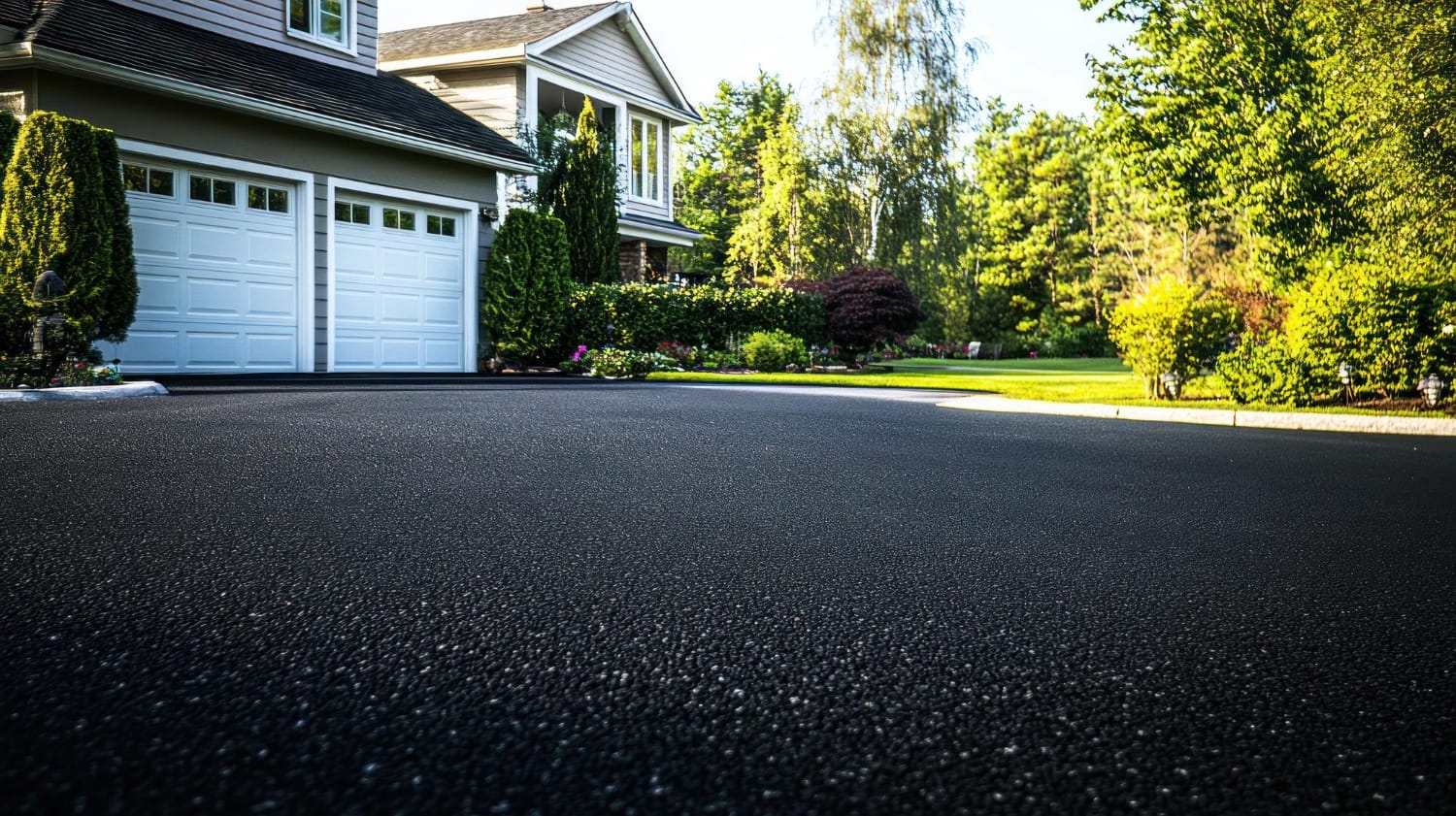26013 A freshly paved driveway leads to a suburban house with a double garage, surrounded by green trees and shrubs.